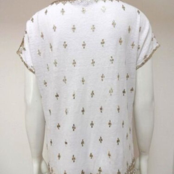 CALYPSO ST.BARTH WHITE YELLOW SEQUIN SHORT DOLMAN SLEEVE LINEN TUNIC TOP M - Picture 2 of 4